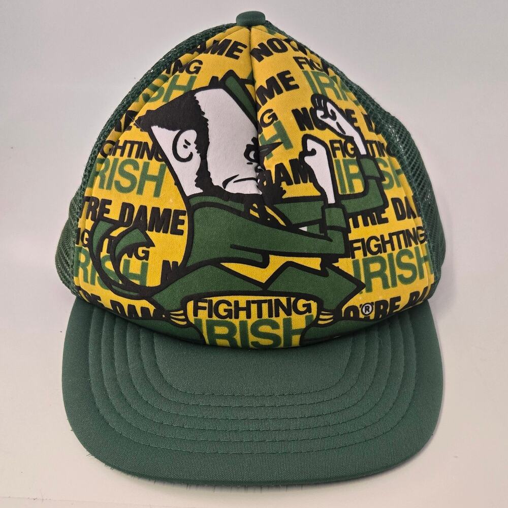 Vintage Notre Dame Fighting Irish Snapback Trucker Hat Cap Green Yellow Mesh